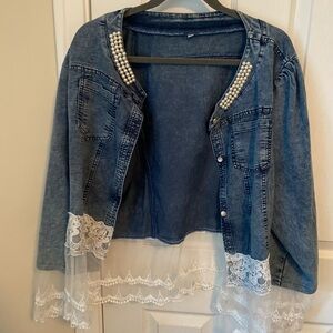 Denim Jacket with Lace Trim